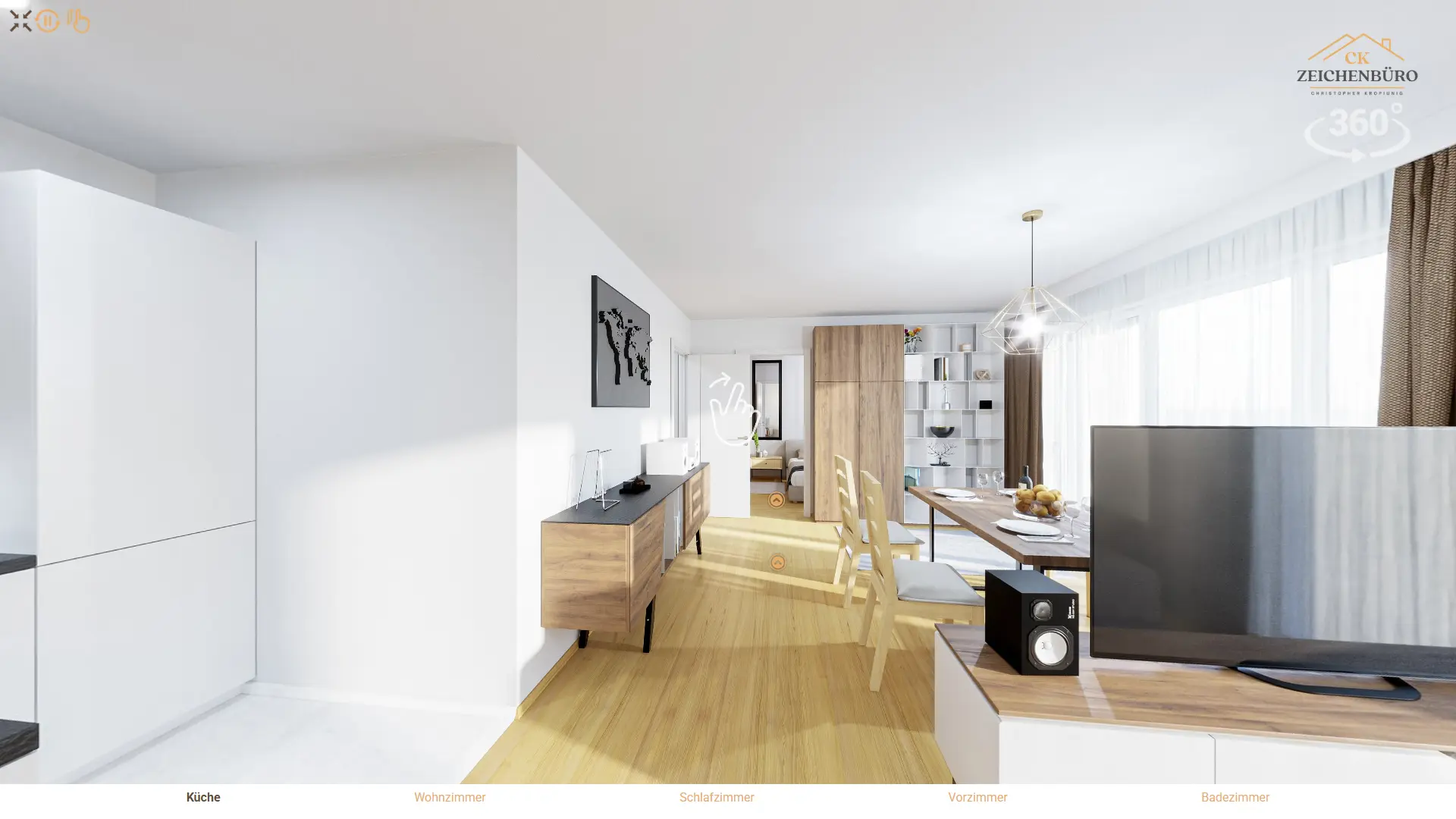 3D-Visualisierung einer modernen Küche mit offenem Wohnbereich aus einer virtuellen 360-Grad-Tour durch eine Musterwohnung. ck - Zeichenbüro e.U.